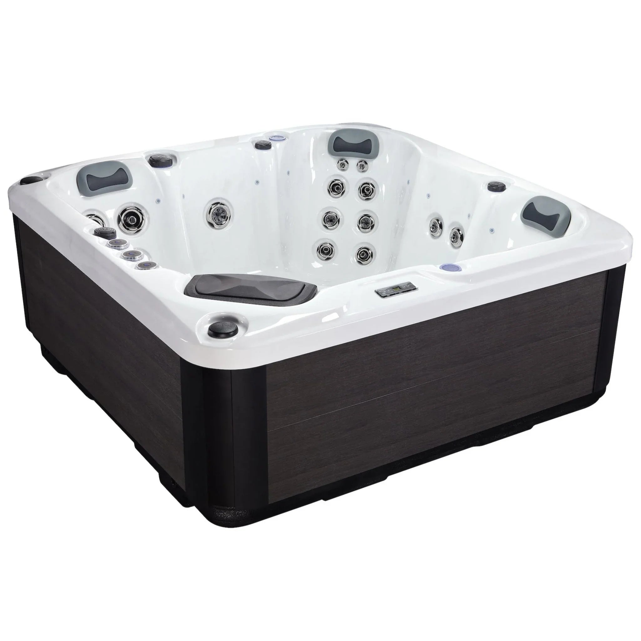 Outdoor Whirlpool mit moderner Holzoptik, ergonomischen Kopfstützen und Massagedüsen