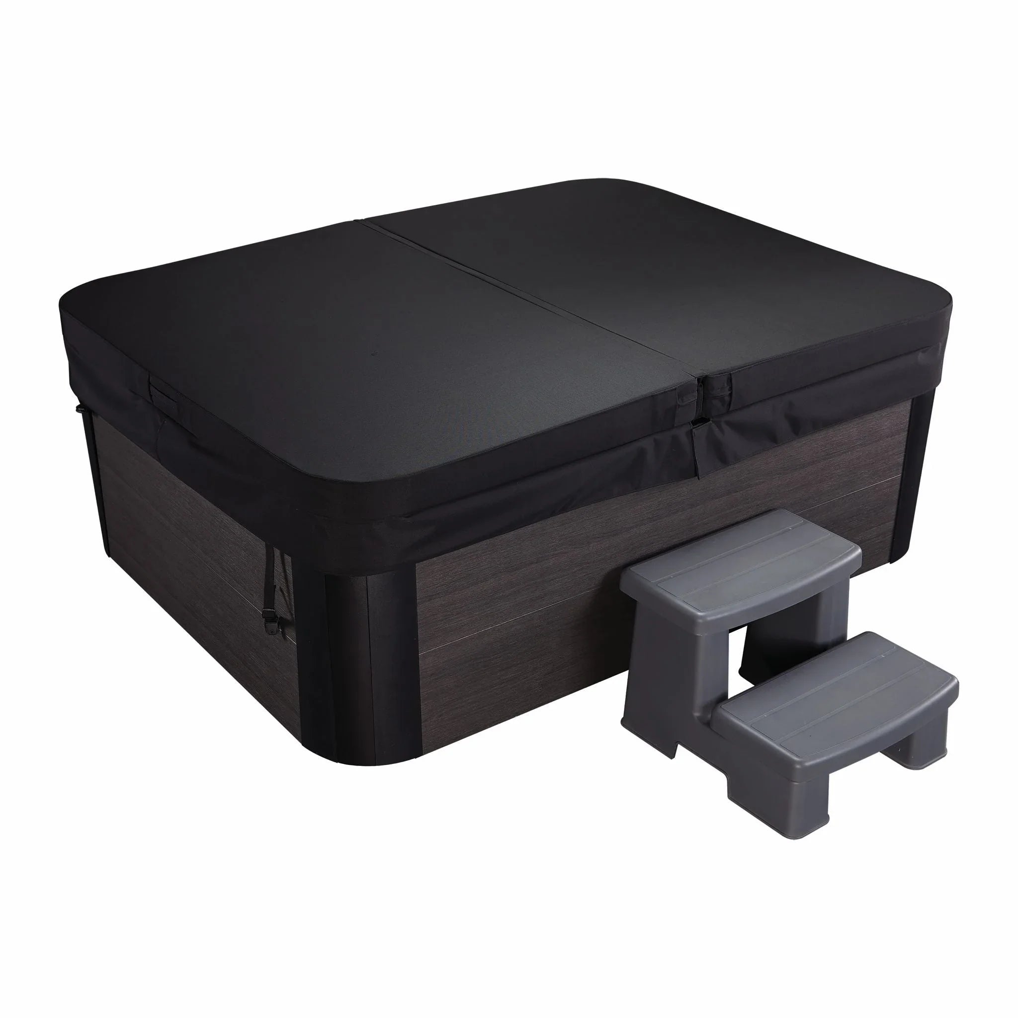 Moderner Outdoor Whirlpool mit dunkelgrauer Abdeckung und Einstiegstreppe, ideal für Garten oder Terrasse