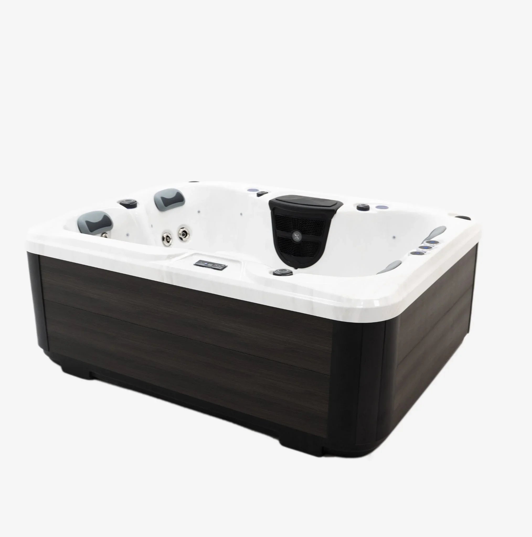 Moderner Outdoor Whirlpool Modell PureLine Balance 26, weiß mit dunkler Holzverkleidung, für Garten oder Terrasse