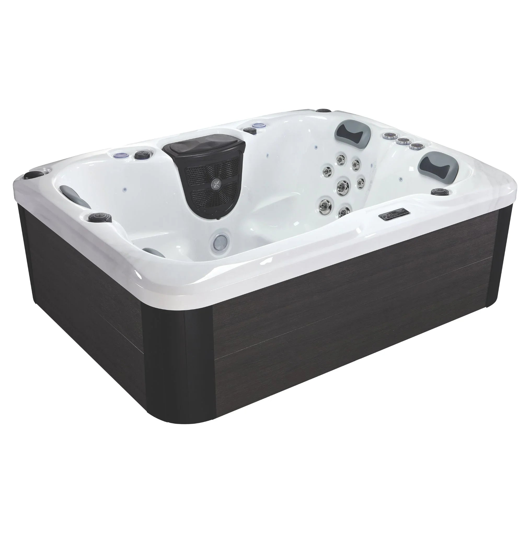 Moderner Outdoor Whirlpool mit weißer Wanne und dunkler Verkleidung, ideal für Garten Wellness
