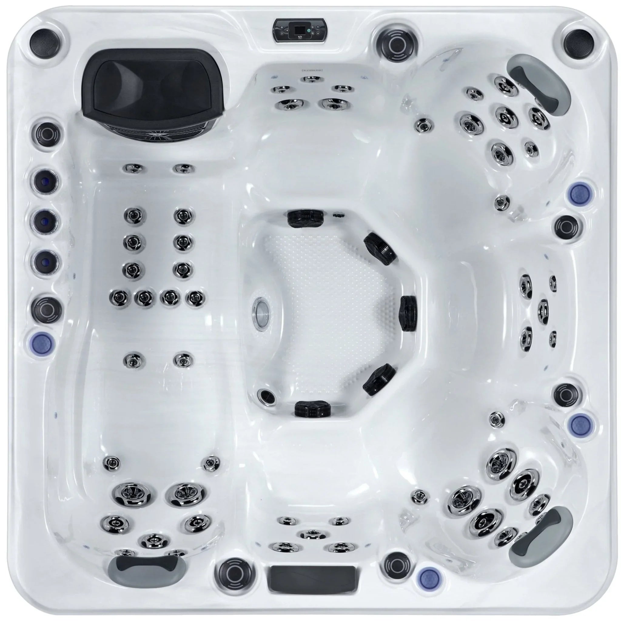 Moderner Outdoor Whirlpool mit weißem Acryl, Massagedüsen und ergonomischem Design für Garten oder Terrasse.