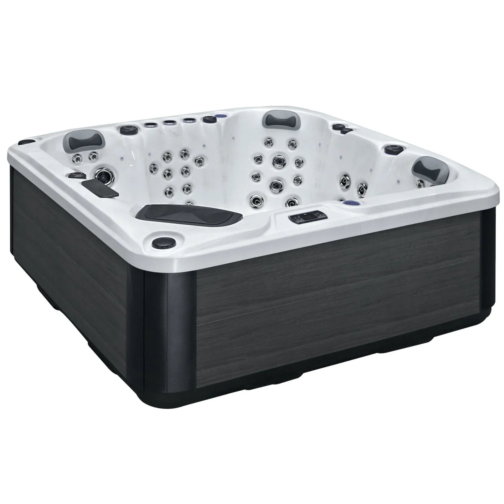 Moderner Outdoor Whirlpool mit Massagedüsen, weißem Acryl und dunkler Holzoptik für Garten oder Terrasse