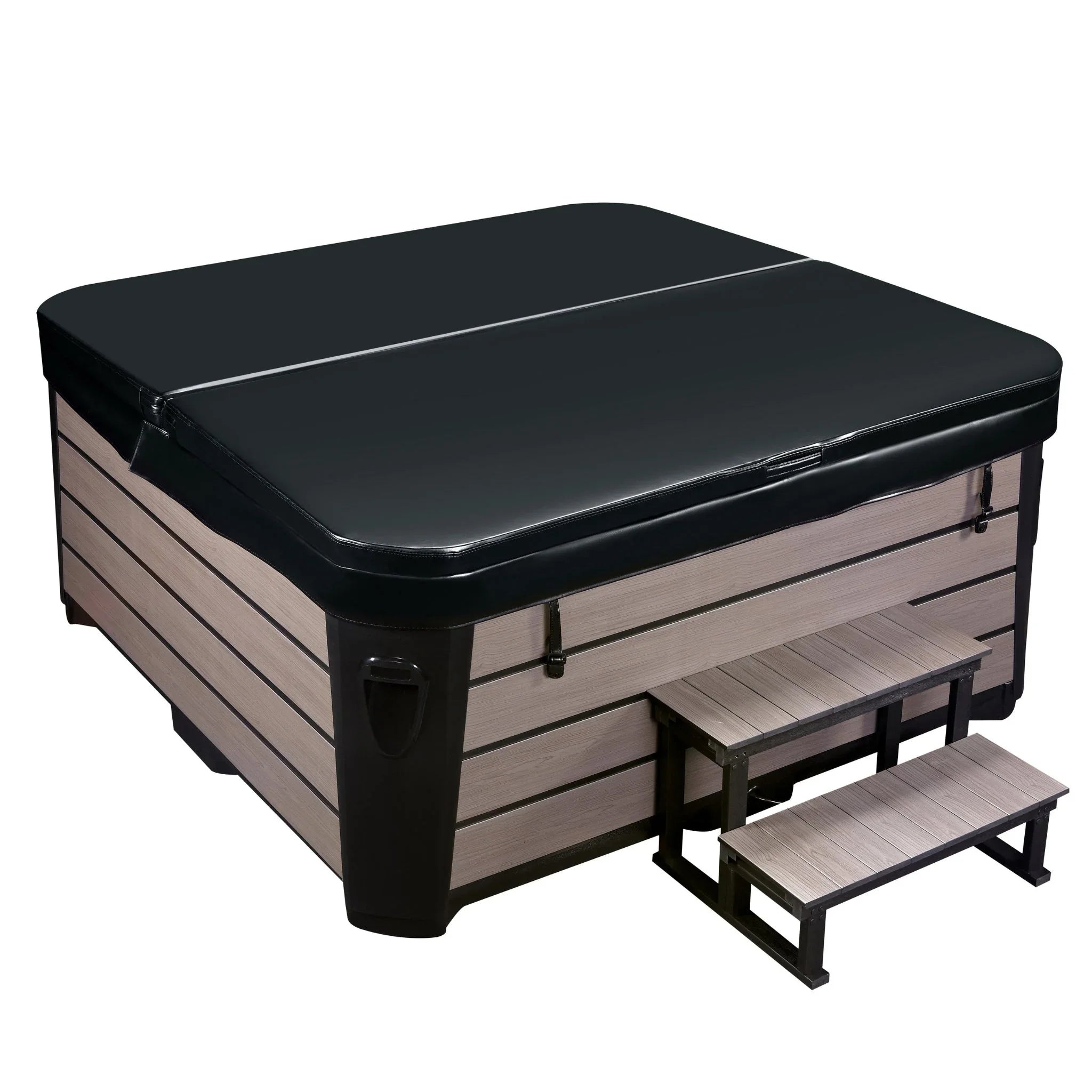 Moderner Outdoor Whirlpool mit Abdeckung und Holzoptik, ideal für Terrasse oder Garten, Wellness-Design