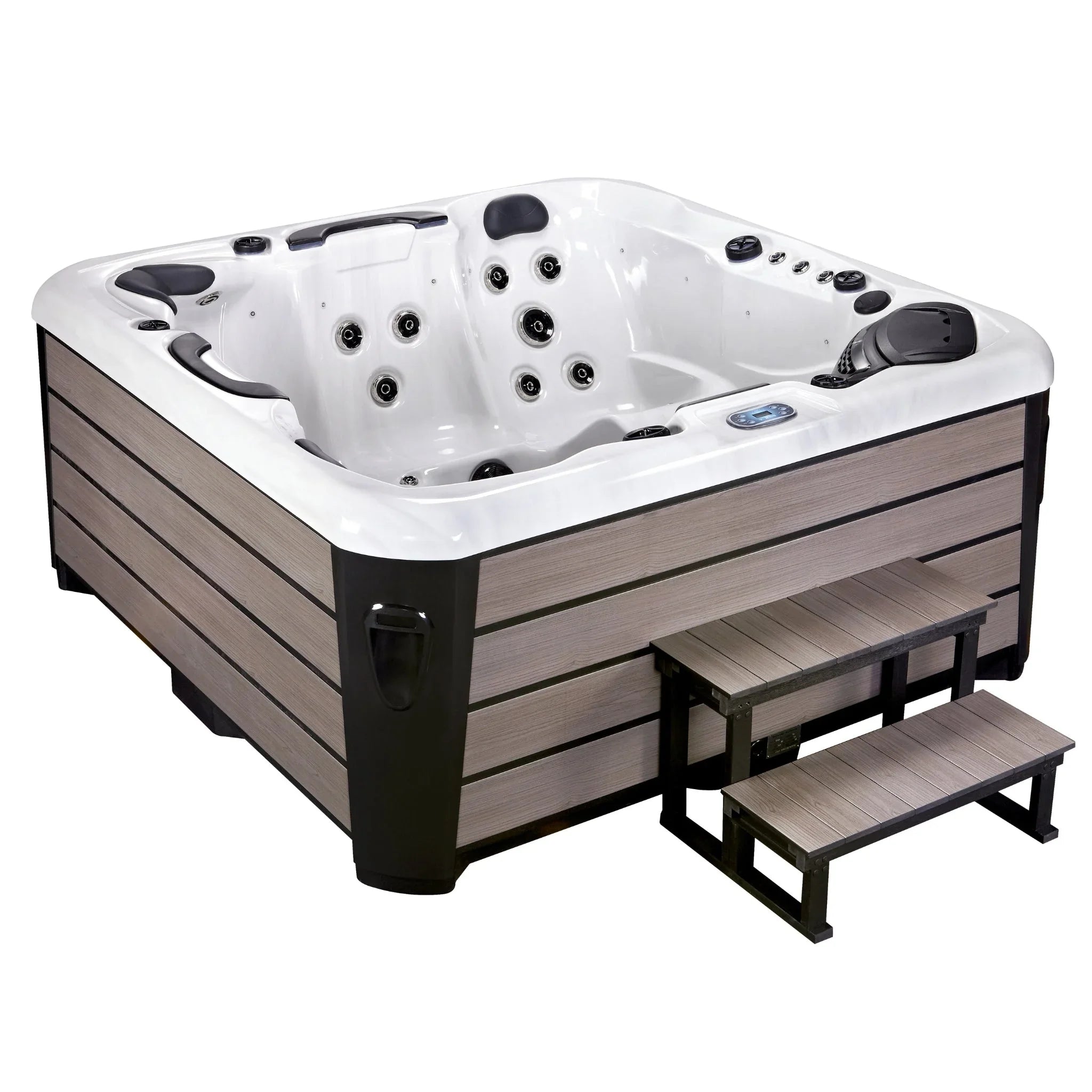 Moderner Outdoor Whirlpool mit Holzoptik, Massagedüsen und Einstiegstreppe für Garten oder Terrasse