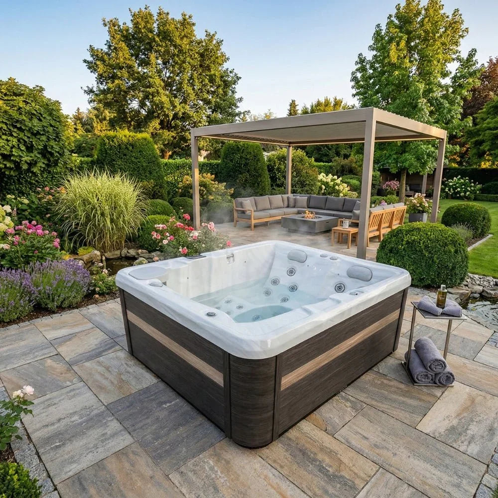 Luxuriöser Outdoor Whirlpool auf moderner Terrasse im Garten, umgeben von Lounge und Blumen, Wellness-Atmosphäre
