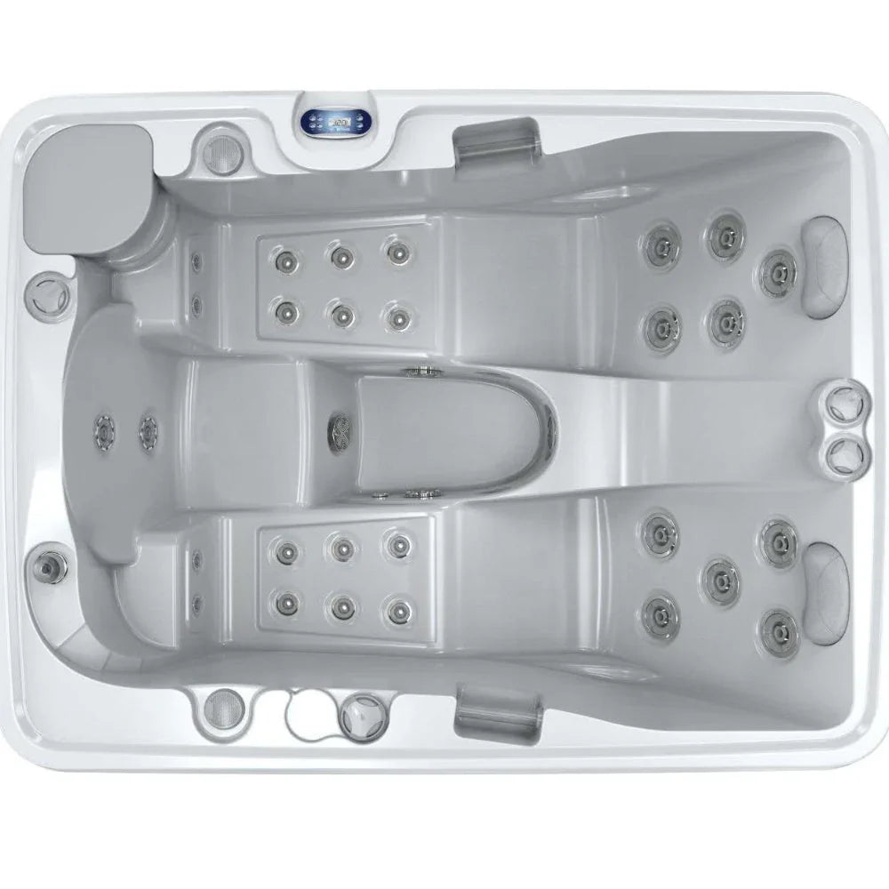 Moderner Outdoor Whirlpool in Silber mit vielen Massagedüsen, geeignet für Garten oder Terrasse