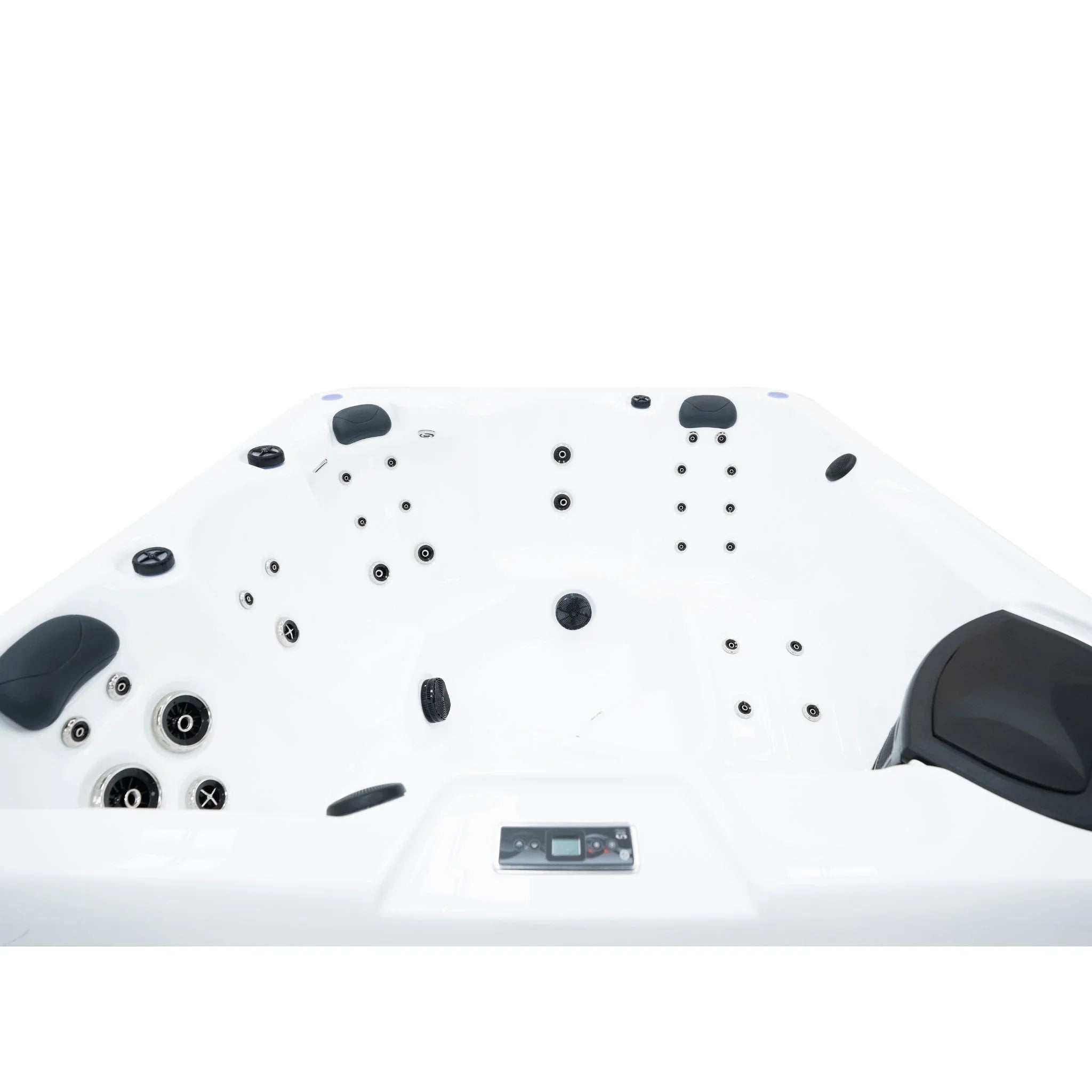 Hochwertiger Outdoor Whirlpool New Wave, weiß, mit Massagefunktionen und schwarzen Kopfstützen