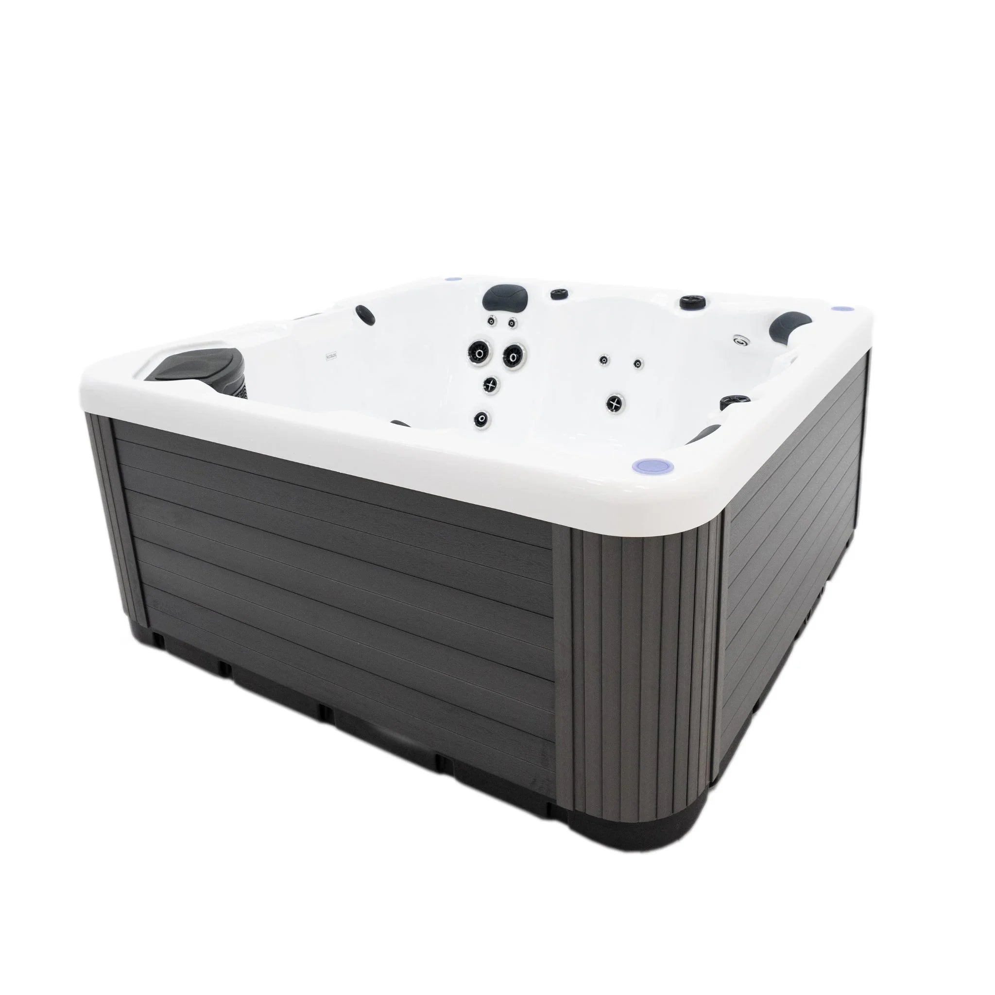 Moderner Outdoor Whirlpool mit grauer Verkleidung und weißer Wanne für Garten und Terrasse