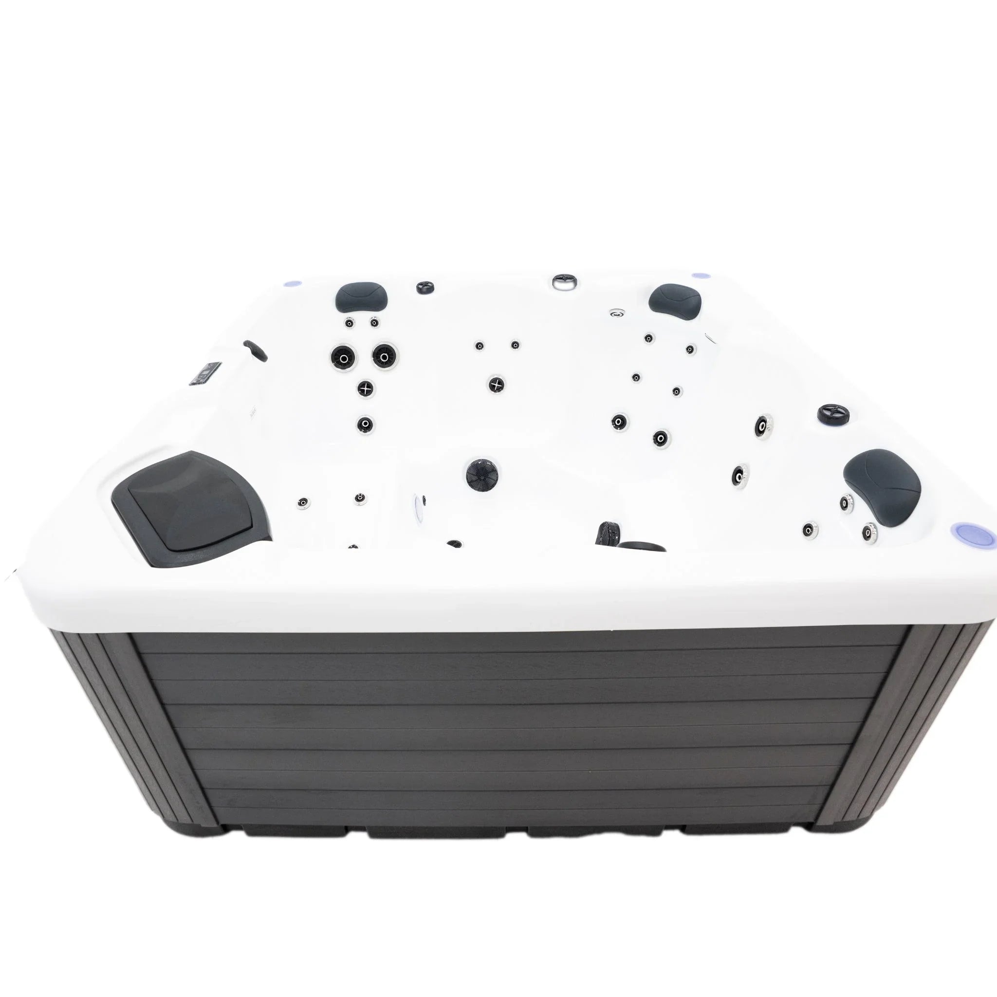 Outdoor Whirlpool mit weißer Acrylwanne und grauer Verkleidung, modernes Design, Wellness für Garten