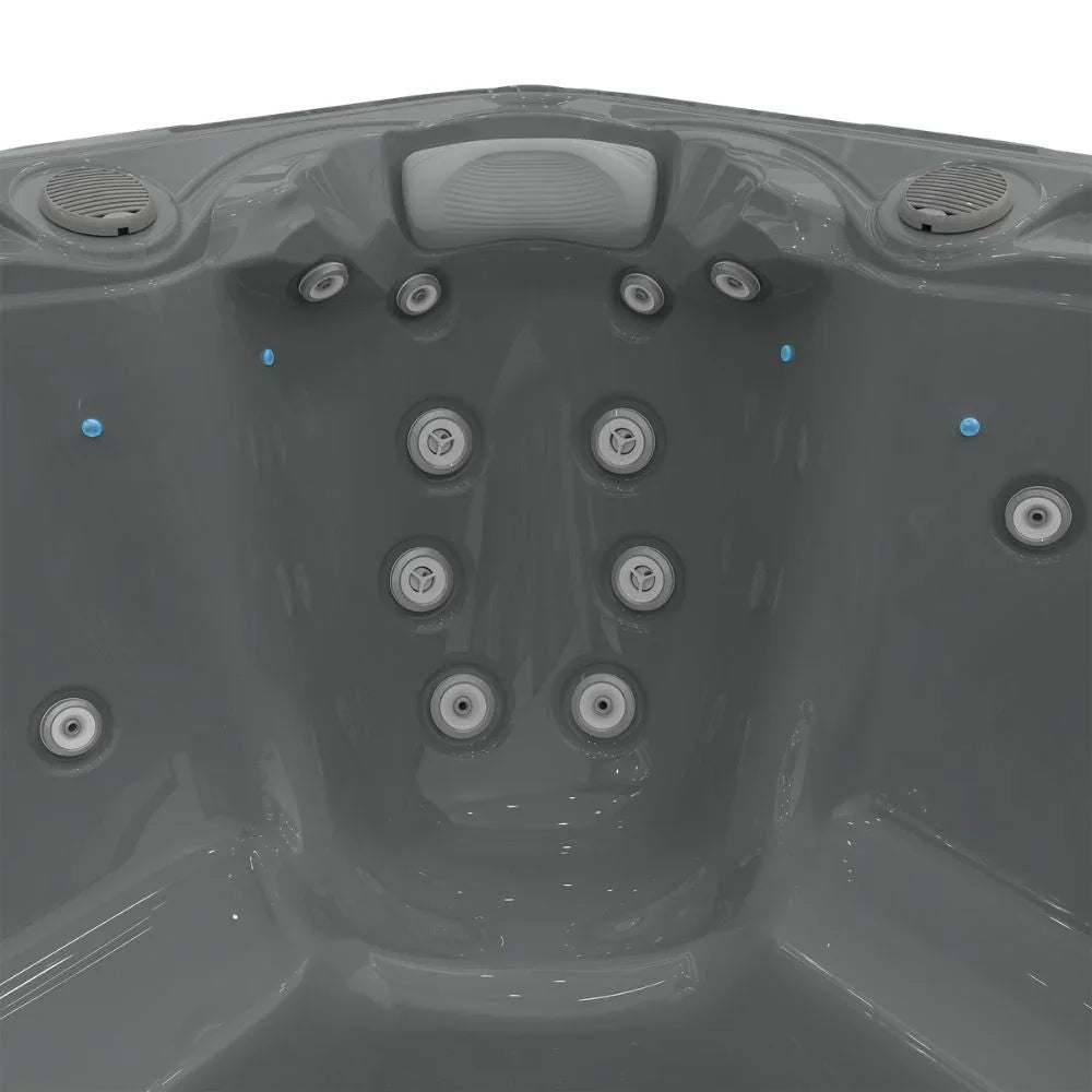 Detailansicht moderner Wellis Outdoor Whirlpool, ergonomischer Sitz mit Massagedüsen, dunkelgrau
