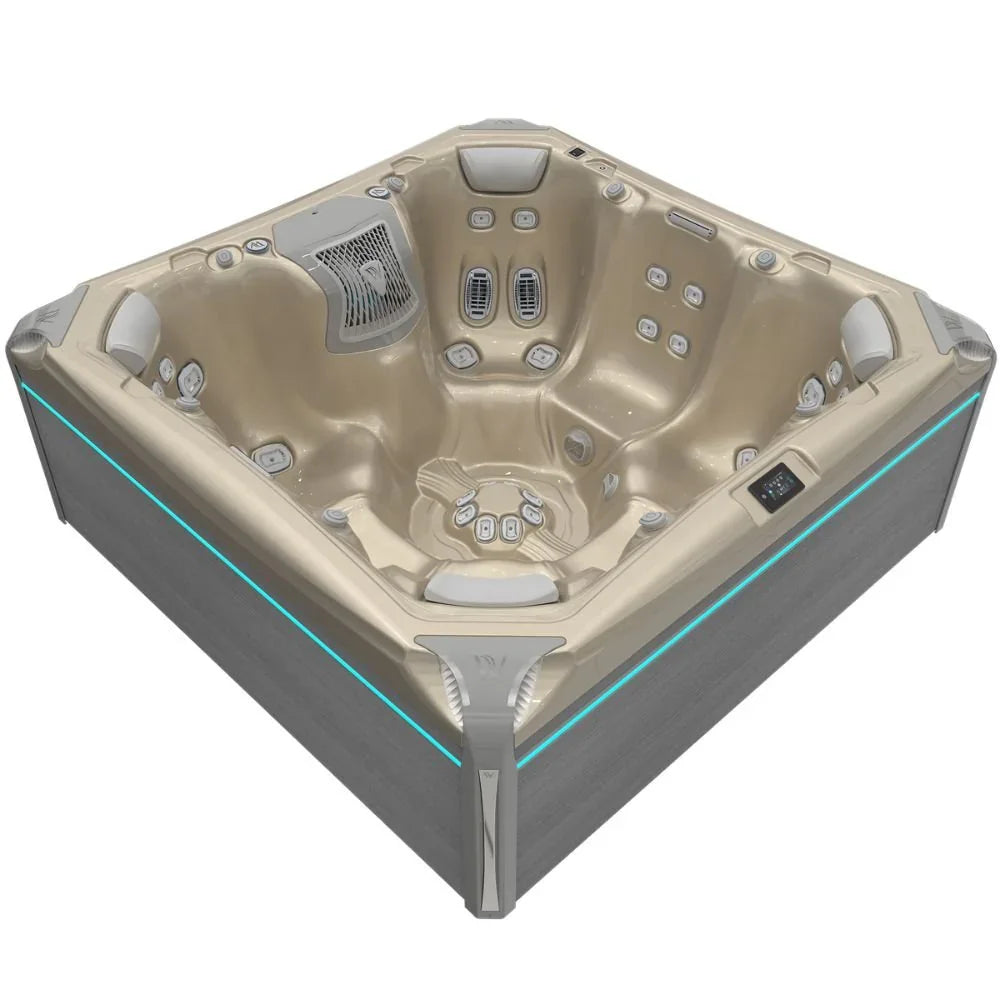 Wellis Elbrus Life Outdoor Whirlpool in Beige und Grau, modernes Spa-Design mit LED-Beleuchtung