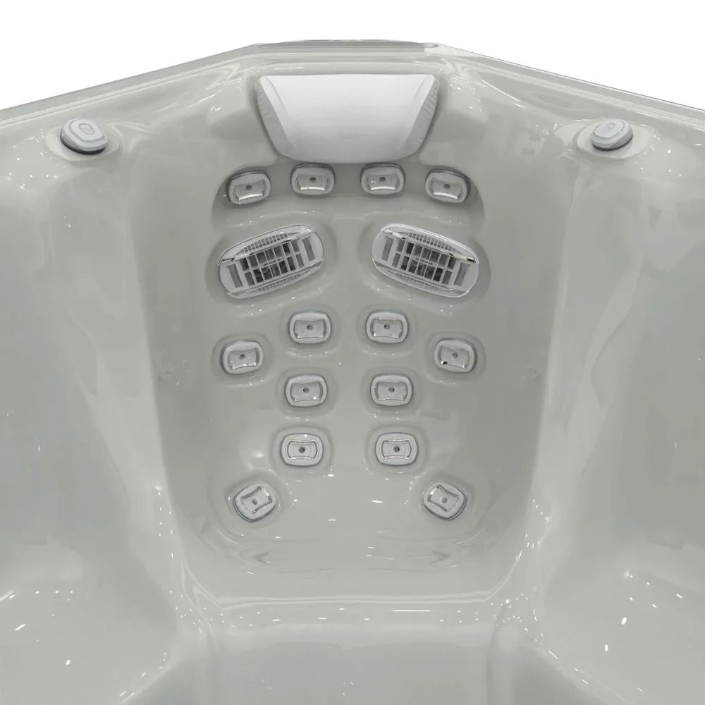 Detailaufnahme Wellis Whirlpool Massagejets weiß, ergonomischer Outdoor Wellness-Sitz