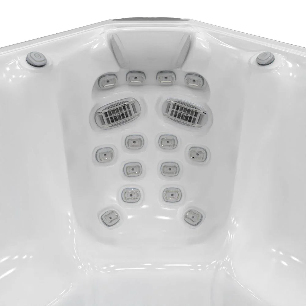 Detailansicht Wellis Whirlpool Massagejets, ergonomische Sitzfläche, weißes Acryl