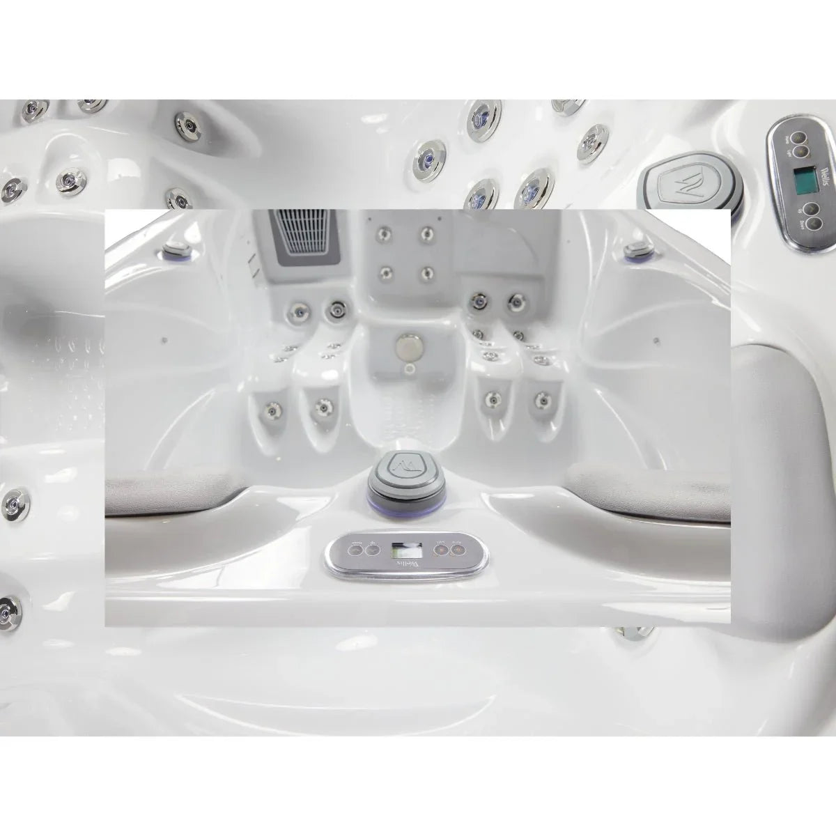 Detailansicht Whirlpool Wellis Firenze Life, ergonomische Sitze, moderne Massagedüsen, weißes Acryl