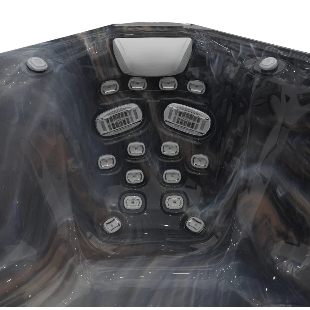 Detailaufnahme Wellis Outdoor Whirlpool Kilimanjaro, schwarze Acryl-Oberfläche, viele Massagedüsen