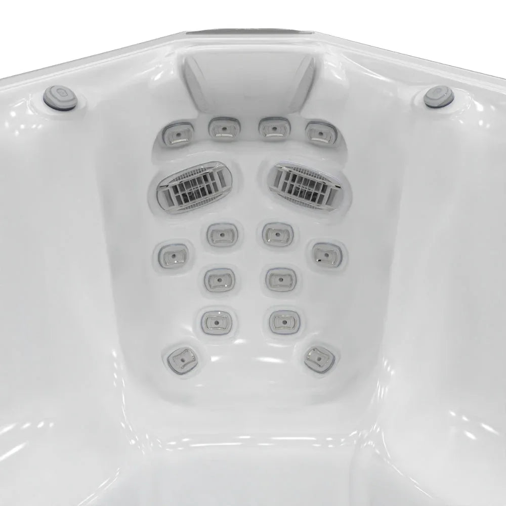 Detailansicht der weißen Whirlpool-Liegefläche mit Massagedüsen, Modell Wellis Kilimanjaro