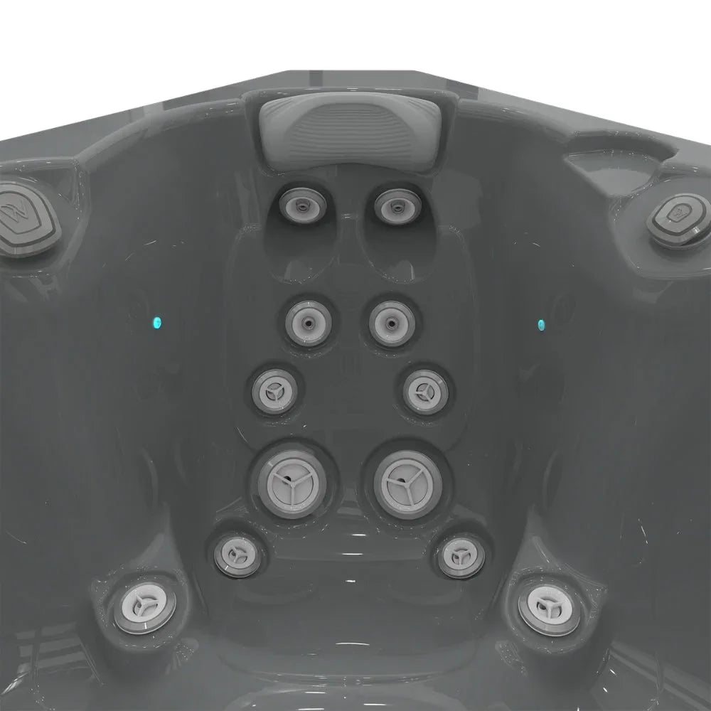 Detailansicht graue Wellis Whirlpool-Sitzfläche mit Massagedüsen, modernes Design