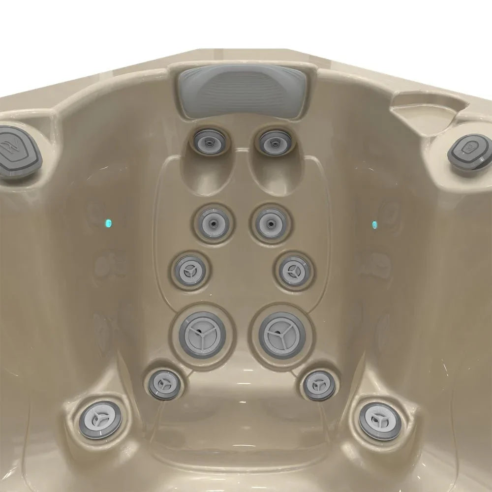Detailansicht des Wellis Outdoor Whirlpools mit mehreren Massagedüsen in Beige für Wellness im Garten