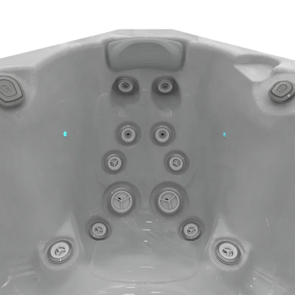 Detailansicht Sitzfläche Wellis Outdoor Whirlpool, hochwertige Massagedüsen, modernes Design, grau