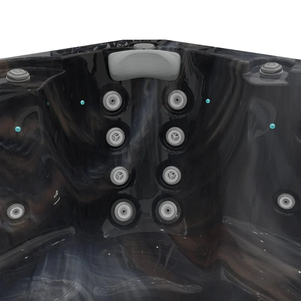Detailansicht Wellis Outdoor Whirlpool, moderne Massagedüsen, schwarzes Acryl, Kopfstütze