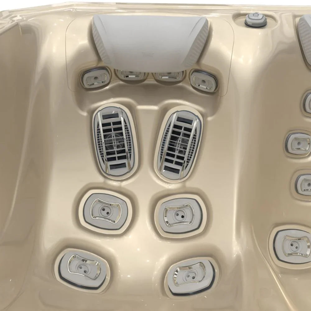 Detailansicht Wellis Outdoor Whirlpool, ergonomischer Sitz, hochwertige Massagedüsen, beige Acryl, modernes Design