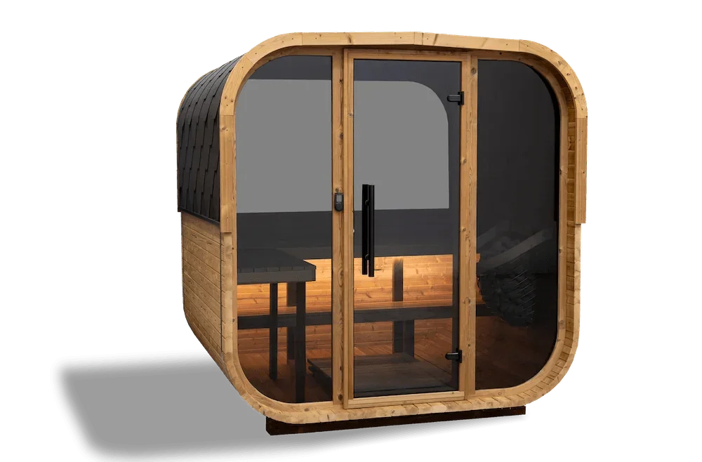 Moderne Outdoor Sauna aus Holz mit Glasfront für Garten oder Terrasse, Sauna Wellness-Design