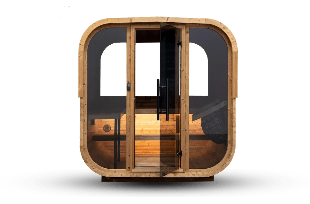 Moderne Outdoor Sauna aus Holz mit Glasfront, geeignet für Garten oder Terrasse, Wellness-Design