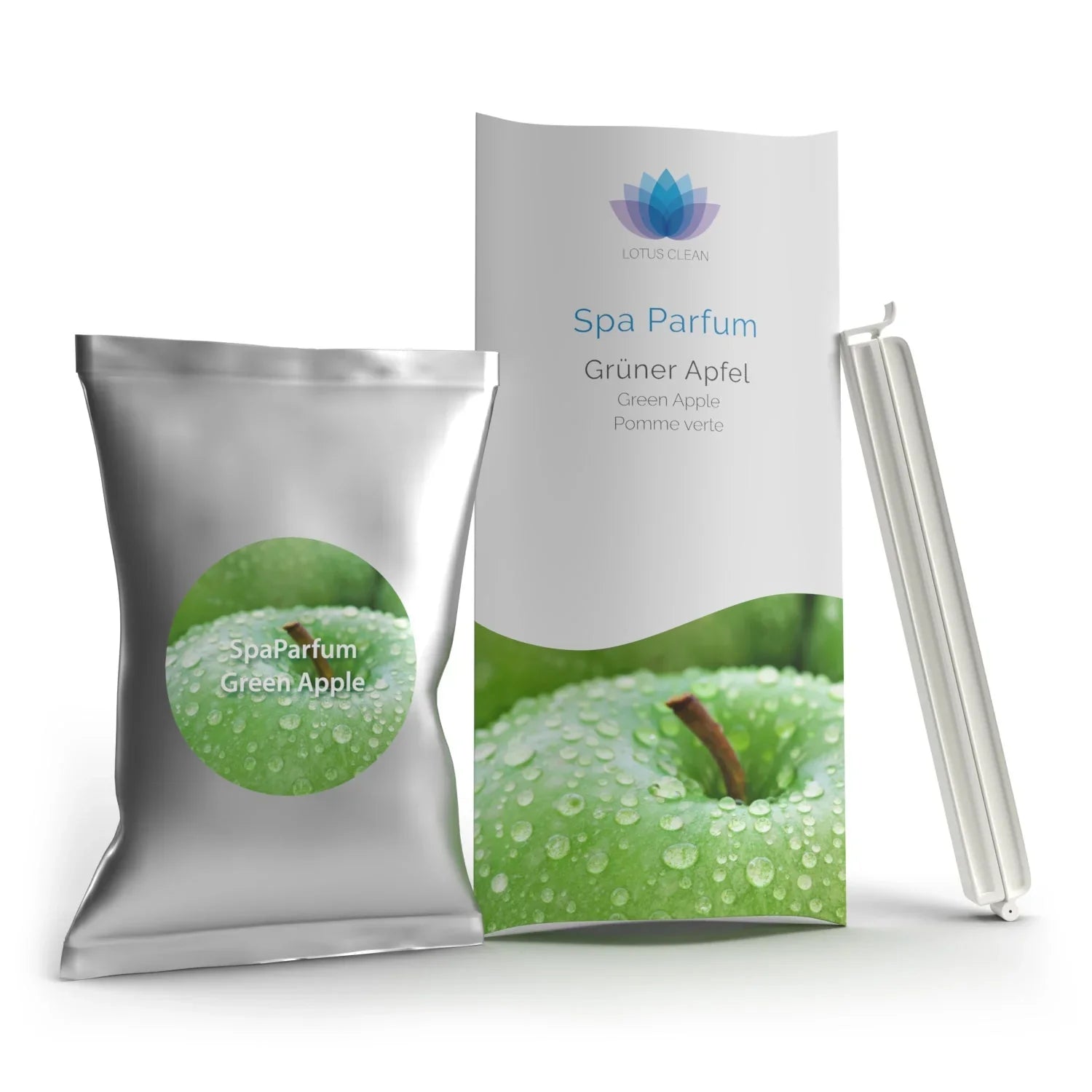 Lotus Clean Spa Parfum Grüner Apfel für Whirlpool oder SwimSpa, neutraler Hintergrund, Wellness-Zubehör