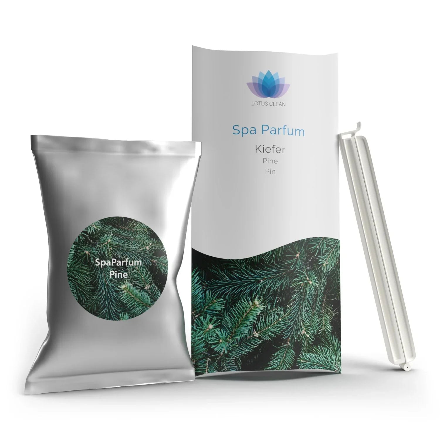 Hochwertiges Spa Parfum Kiefer für Whirlpool oder Sauna, modernes Design, enthält Kiefernnadeln-Motiv.