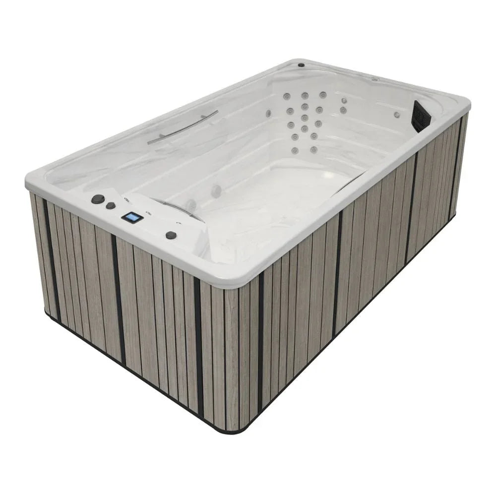Kompakter SwimSpa mit Holzoptik-Verkleidung, modernes Design für Garten oder Terrasse, Whirlpool-Funktion