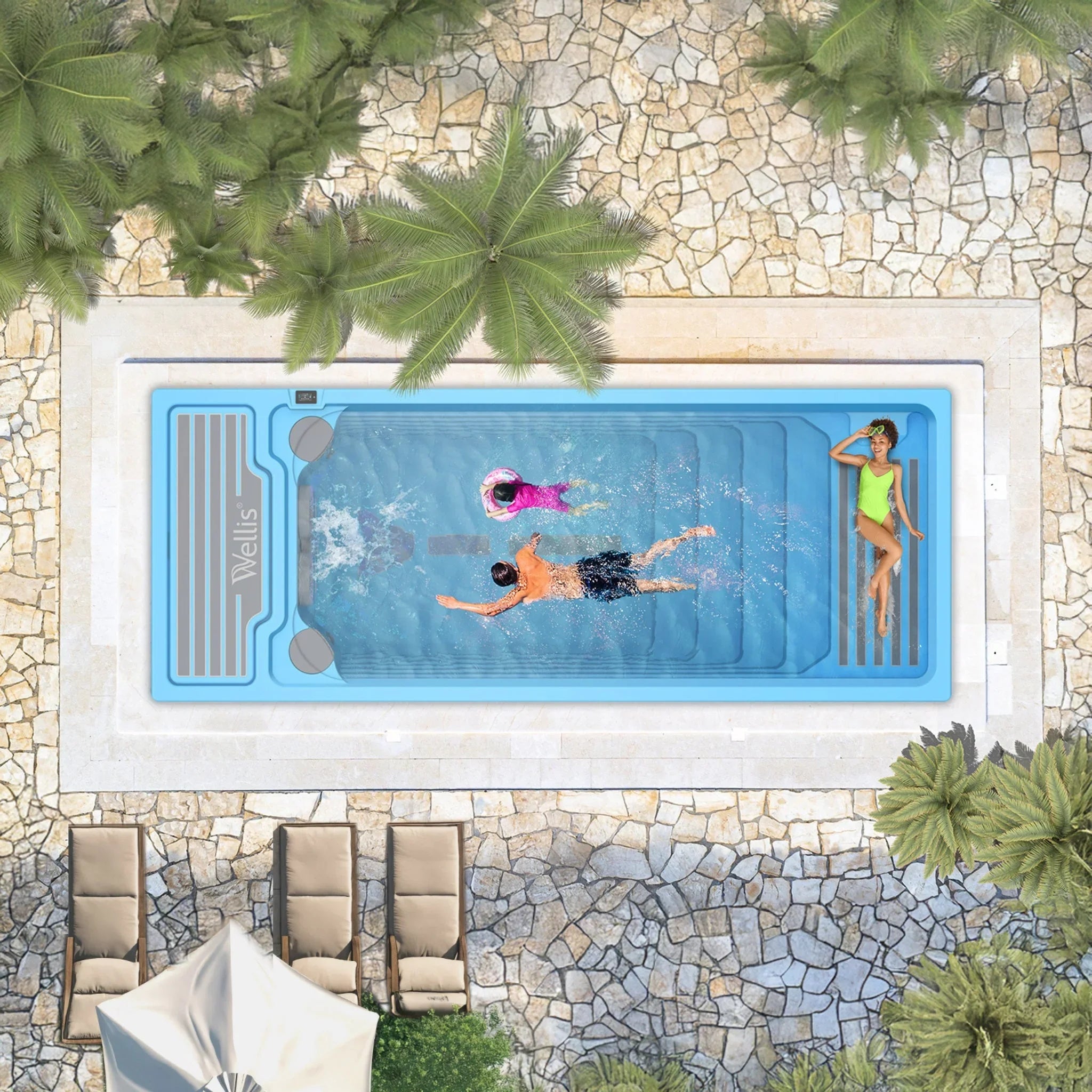 Luxuriöser Wellis SwimSpa im Garten, elegante Steinterrasse, Outdoor-Whirlpool-Atmosphäre