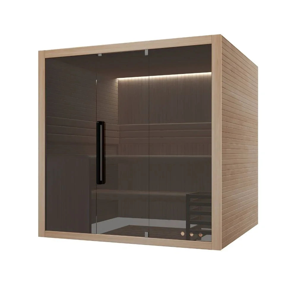 Moderne Indoor-Sauna Hekla 210 für 4 Personen, elegante Glasfront, hochwertiges Holzdesign