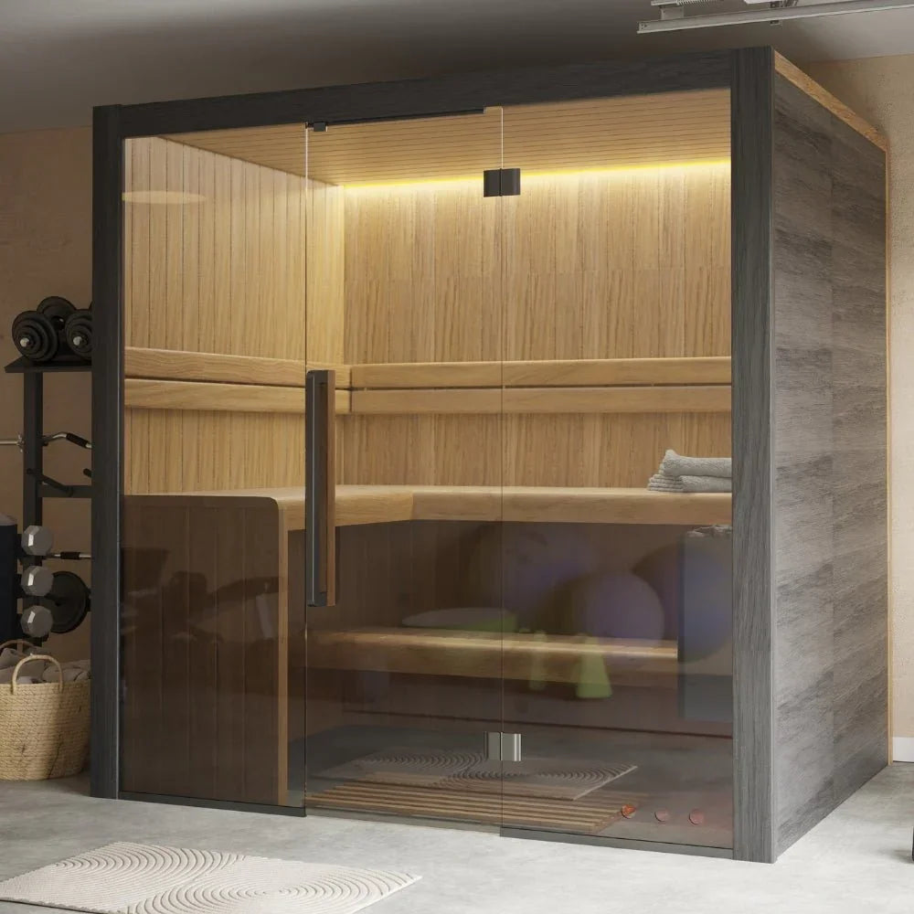 Moderne Indoor Sauna für 4 Personen mit Glasfront und Holzdesign, Wellnessbereich