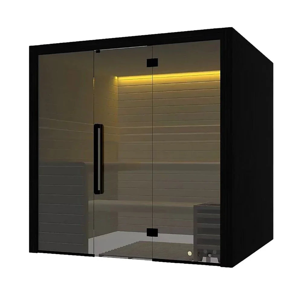 Moderne Indoor Sauna Hekla 210x für 5 Personen aus Holz mit Glasfront und LED-Beleuchtung
