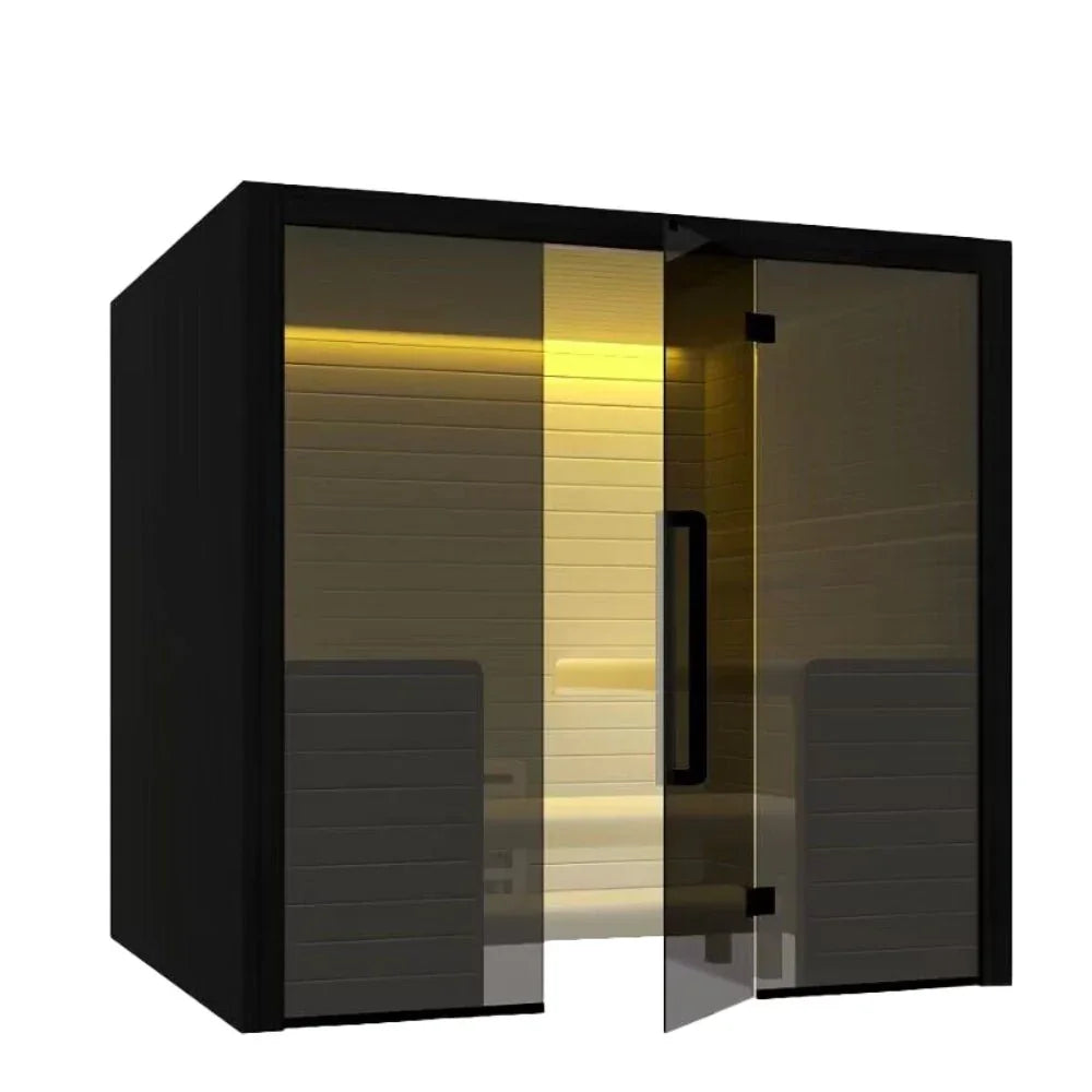 Moderne Indoor Sauna für 6 Personen, hochwertige Glasfront, LED-Beleuchtung, Wellness-Design