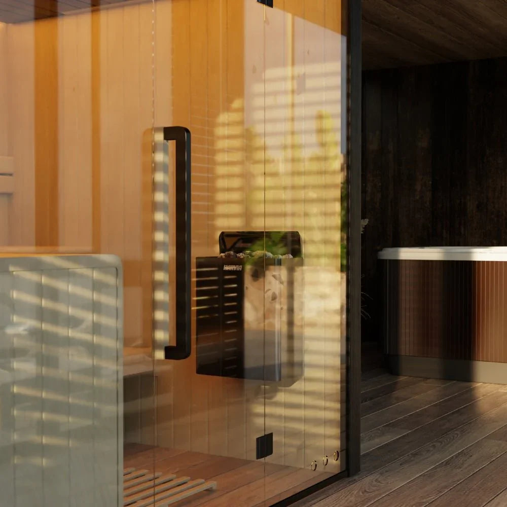 Moderne Indoor Sauna Hekla 220 aus Holz mit Glasfront, Design-Wellnessbereich, Outdoor Whirlpool