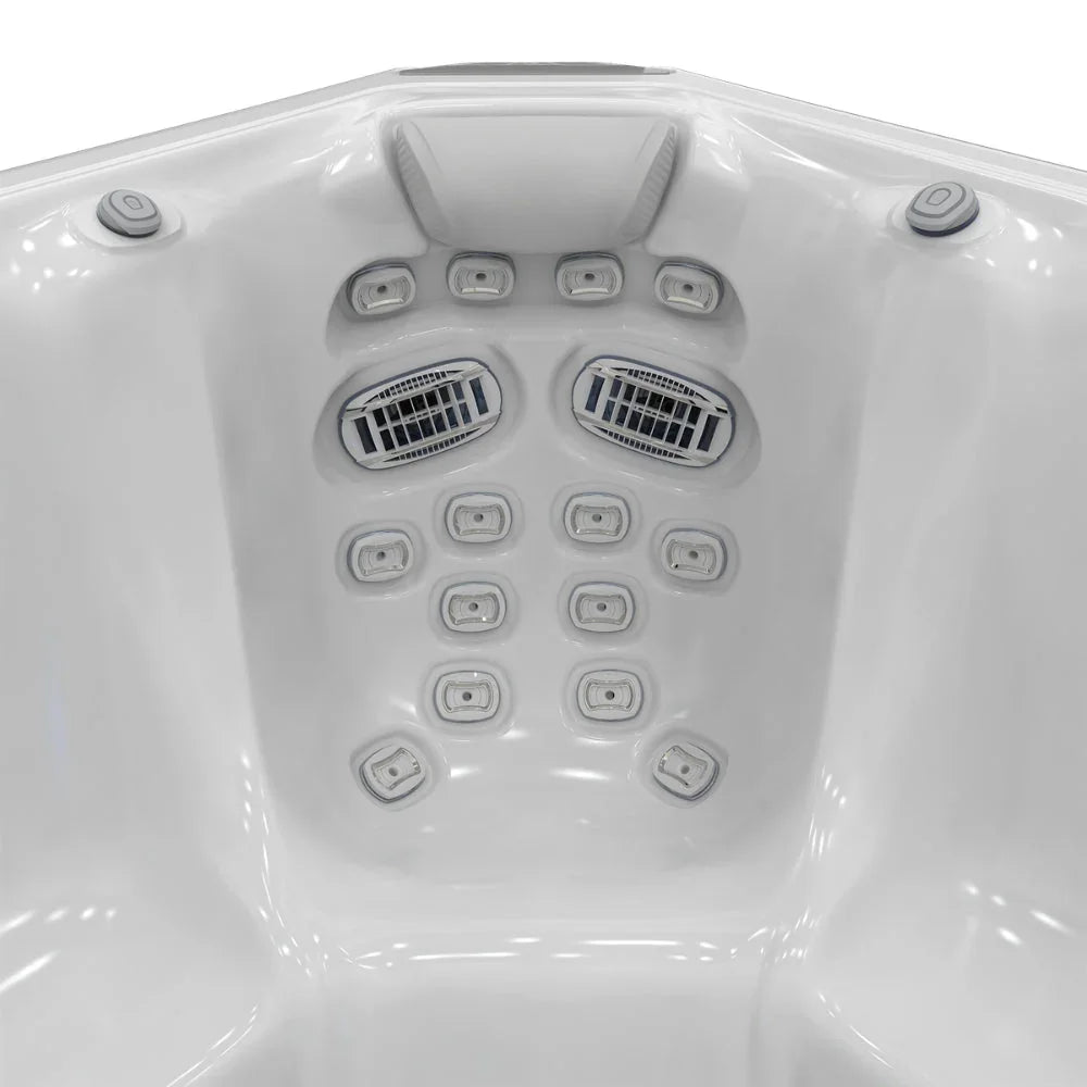 Detailaufnahme Wellis Whirlpool-Modell, ergonomische Liege mit Massagedüsen, weißes Acryl