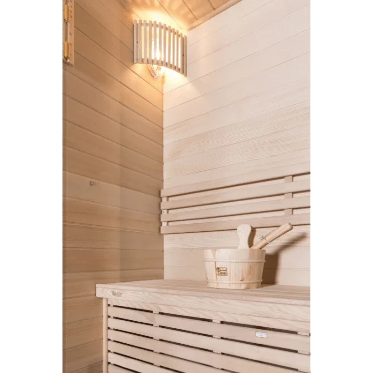 Wellis finnische Sauna für 2 Personen aus hellem Holz, modernes Design, Innenansicht