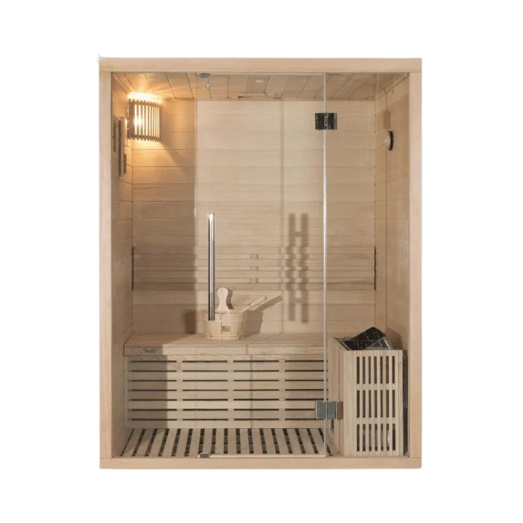 Wellis Igneus finnische Sauna aus Holz für 2 Personen, moderne Glasfront, Innenbeleuchtung
