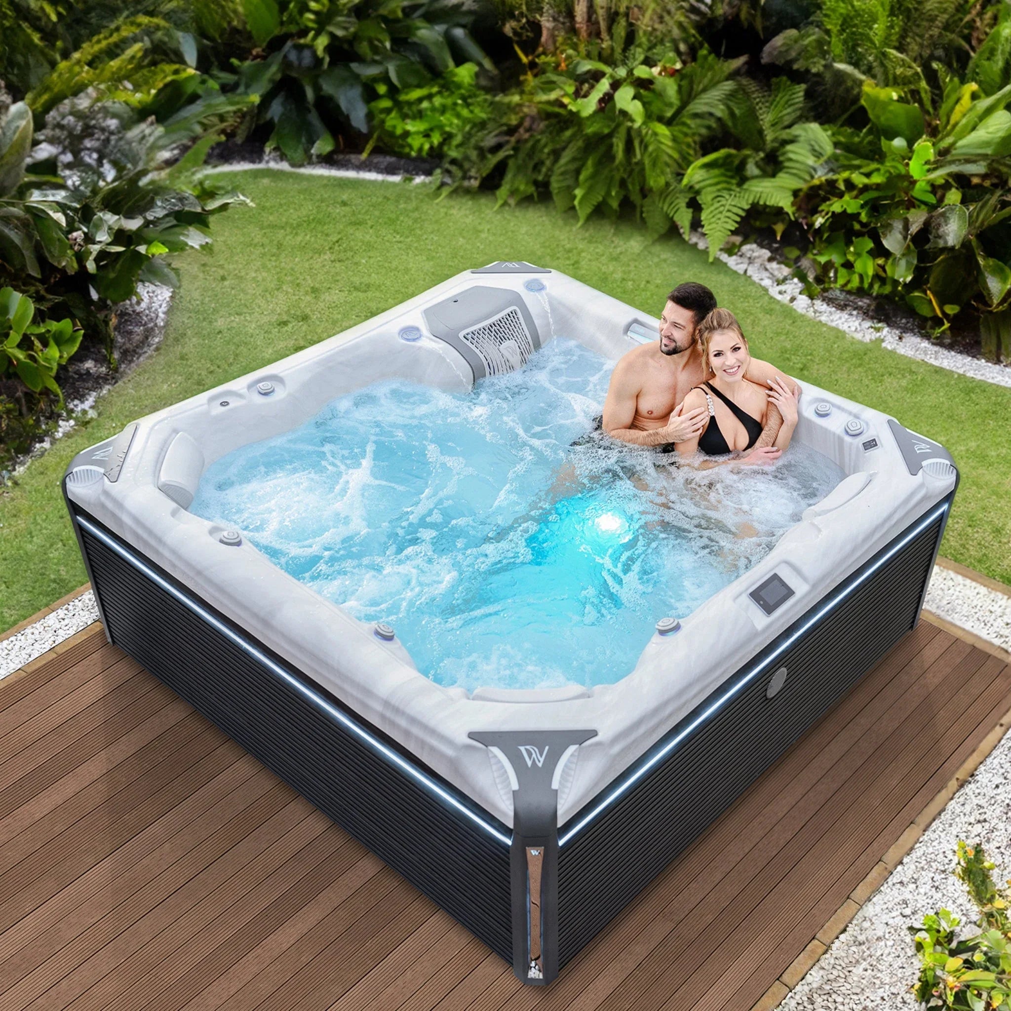Luxuriöser Wellis Whirlpool im Garten, modernes Design, Wellness-Oase auf Terrasse