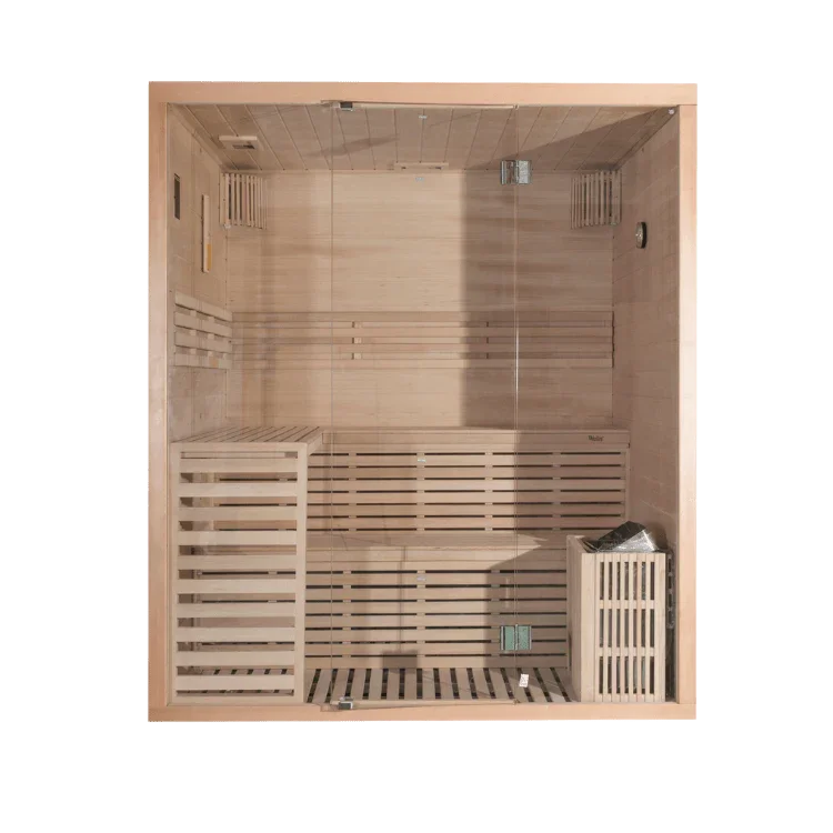 Wellis Serenis finnische Sauna für 4 Personen aus hellem Holz, modernes Design für Garten oder Terrasse