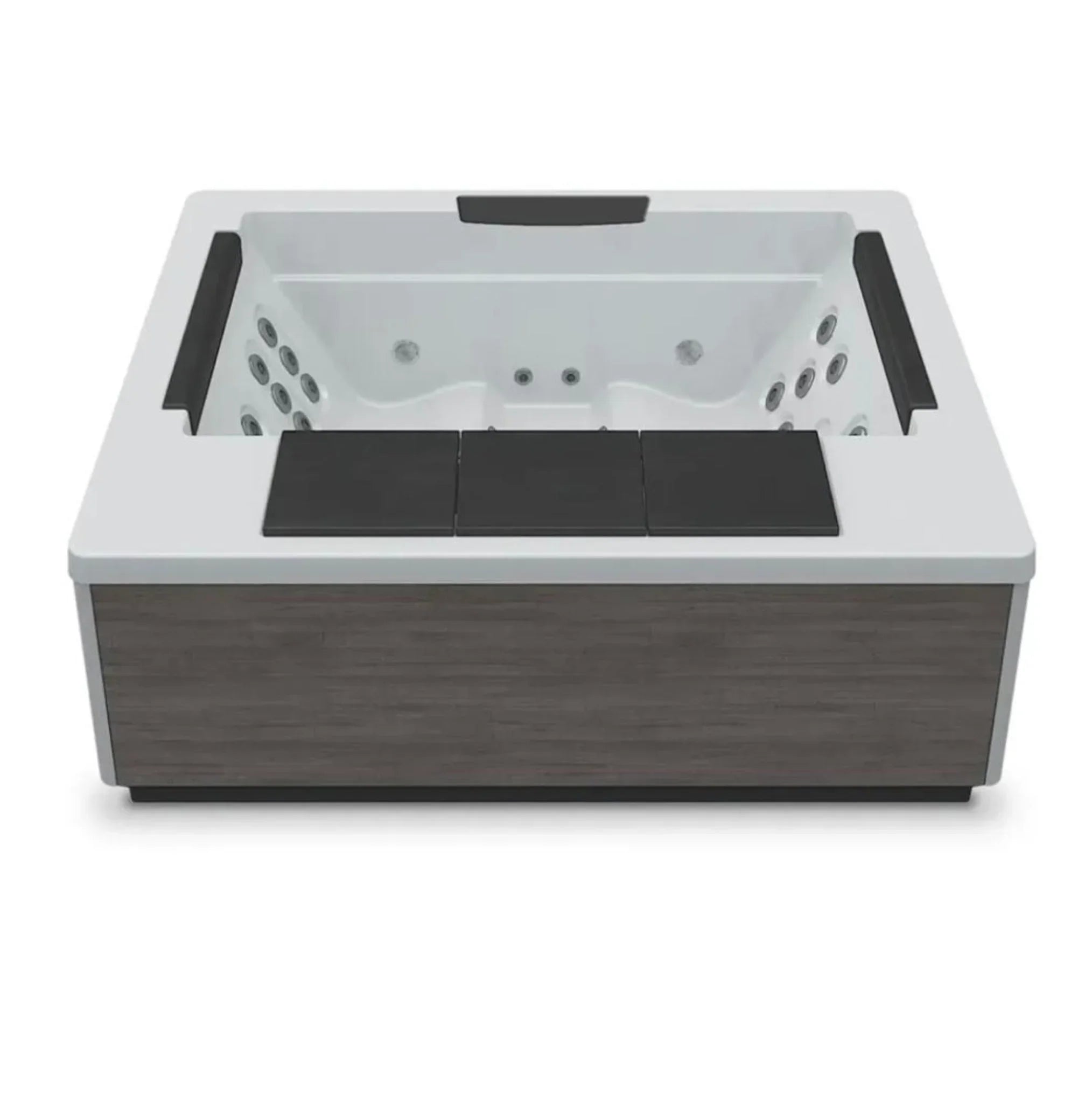 Moderner Outdoor Whirlpool mit Holzverkleidung und weißen Spa-Elementen für Garten oder Terrasse