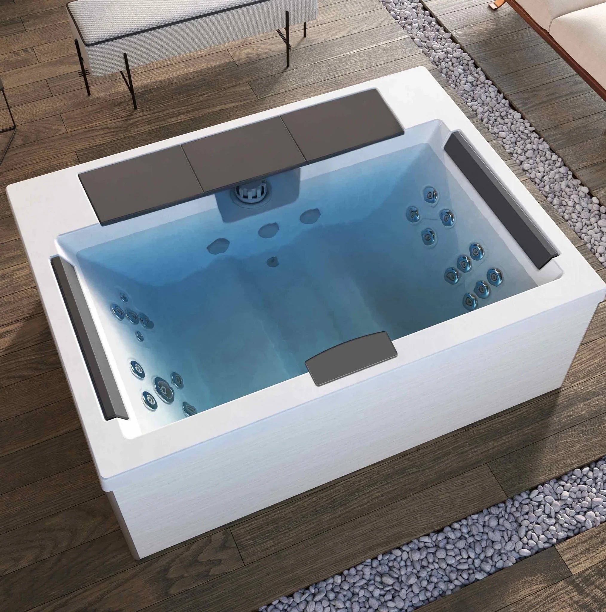 Luxuriöser Whirlpool Outdoor auf Terrasse, modernes Design, Wellness für Garten, Spa-Atmosphäre