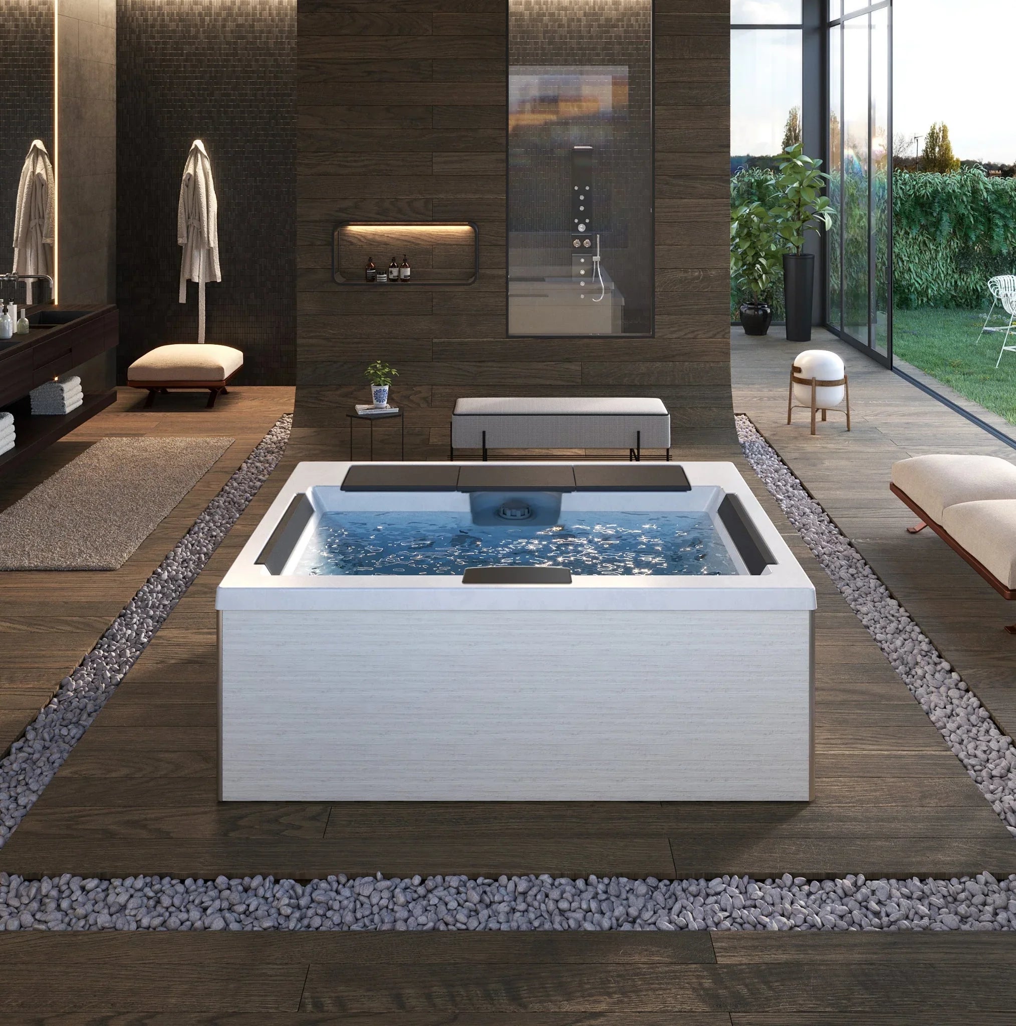 Luxuriöser Whirlpool im modernen Wellnessbereich mit Holzboden und Gartenblick, Outdoor-Design