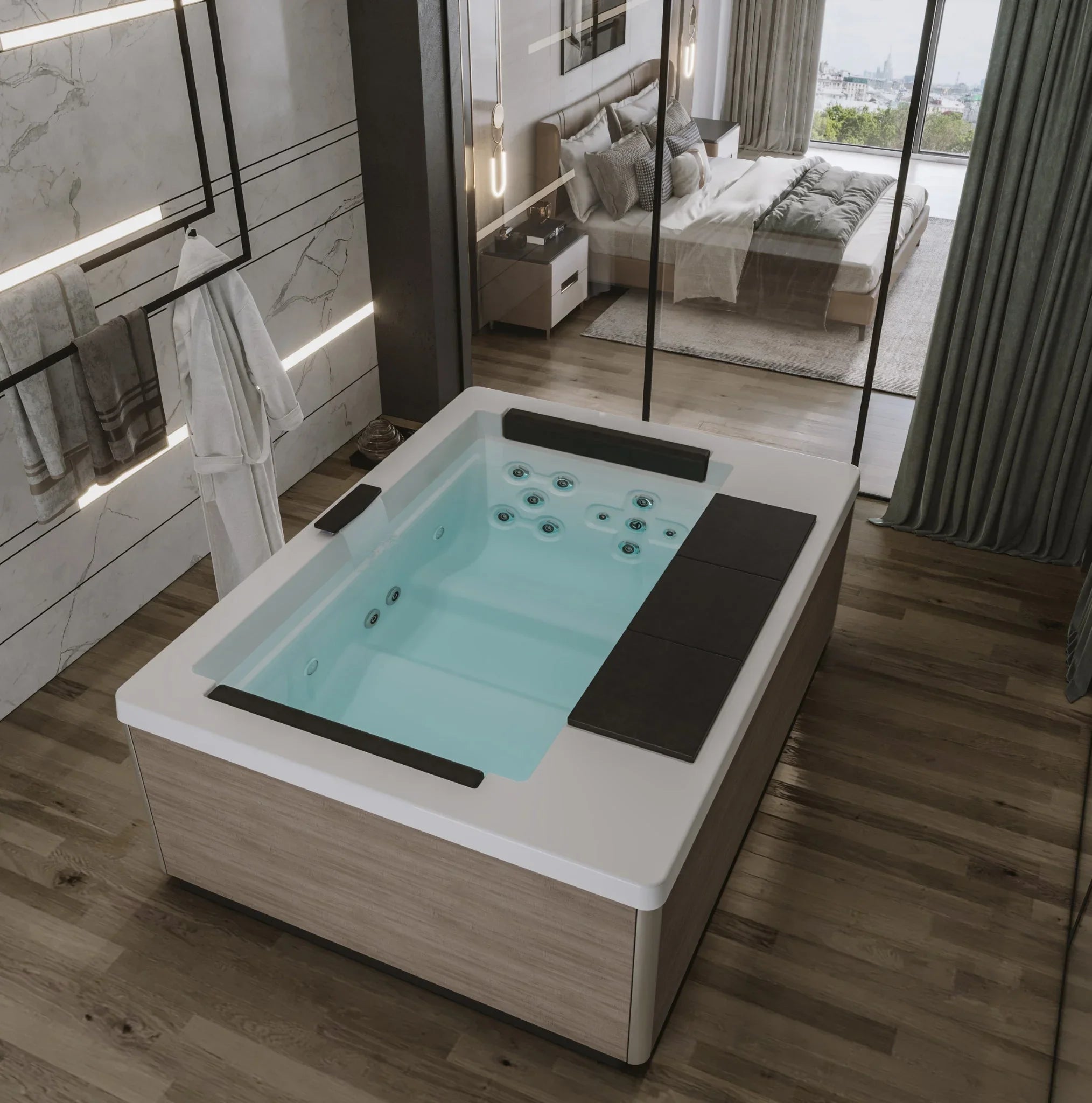 Luxuriöser Whirlpool im modernen Wellnessbereich mit Holzdesign, elegante Atmosphäre, Spa-Erlebnis
