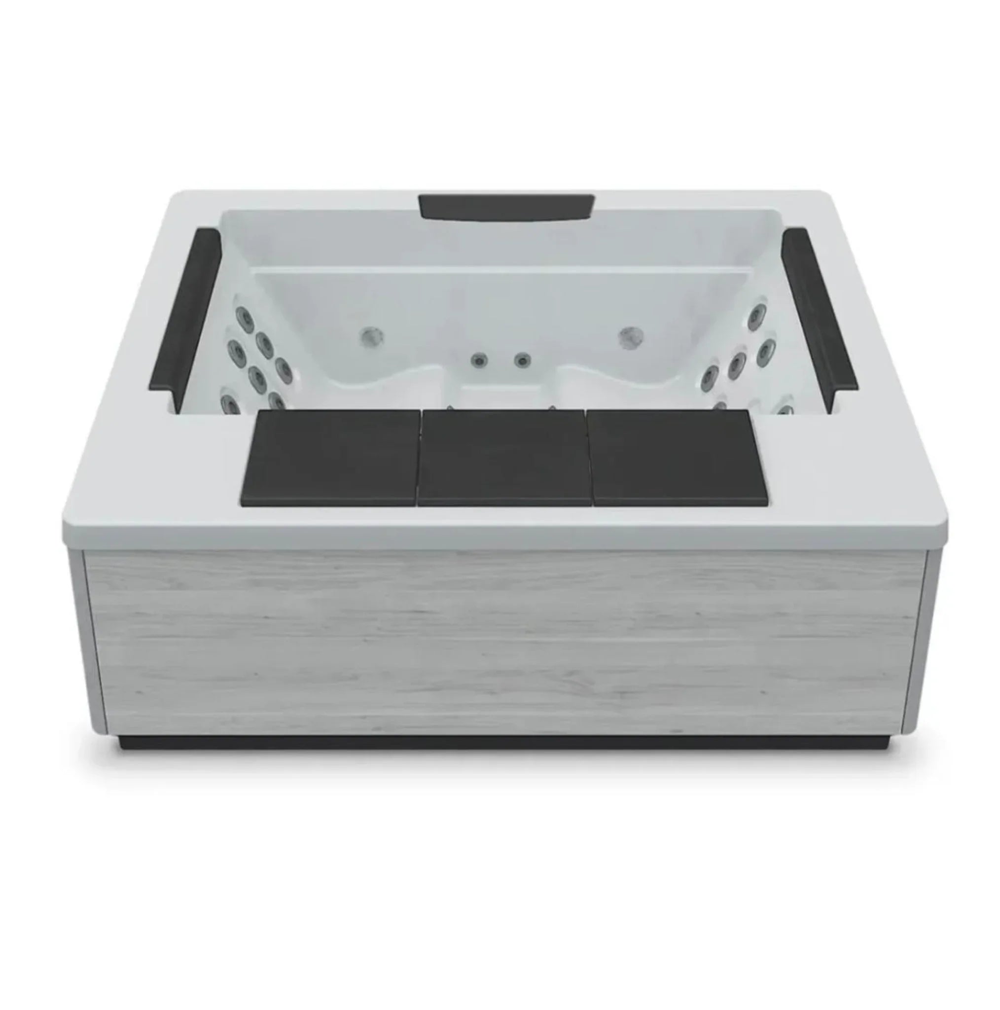 Moderner Outdoor Whirlpool mit weißer Verkleidung, Massagedüsen und Kopfstützen, ideal für Garten oder Terrasse