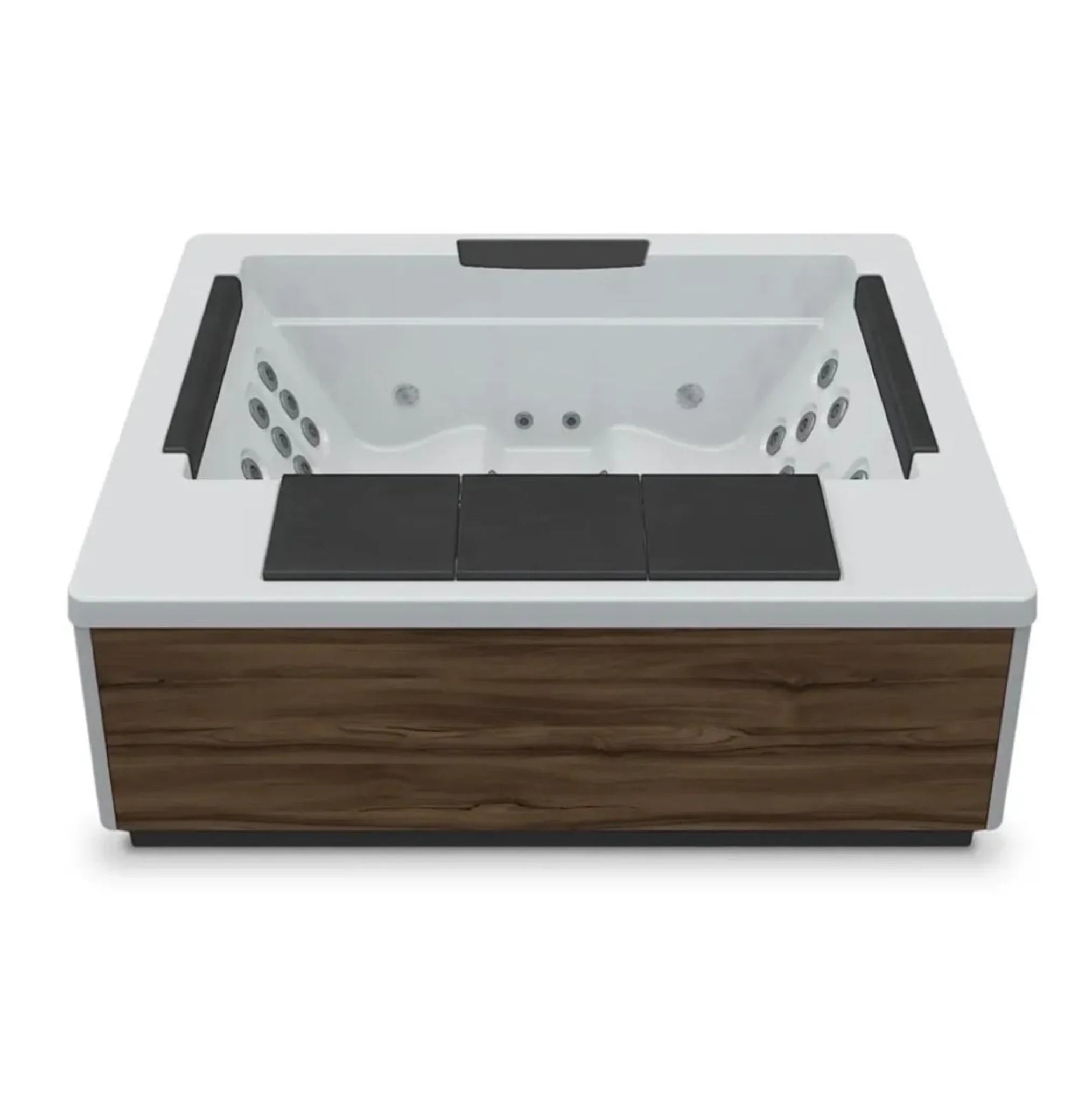 Moderner Outdoor Whirlpool mit Holzverkleidung und weißen Spa-Elementen, ideal für Garten oder Terrasse