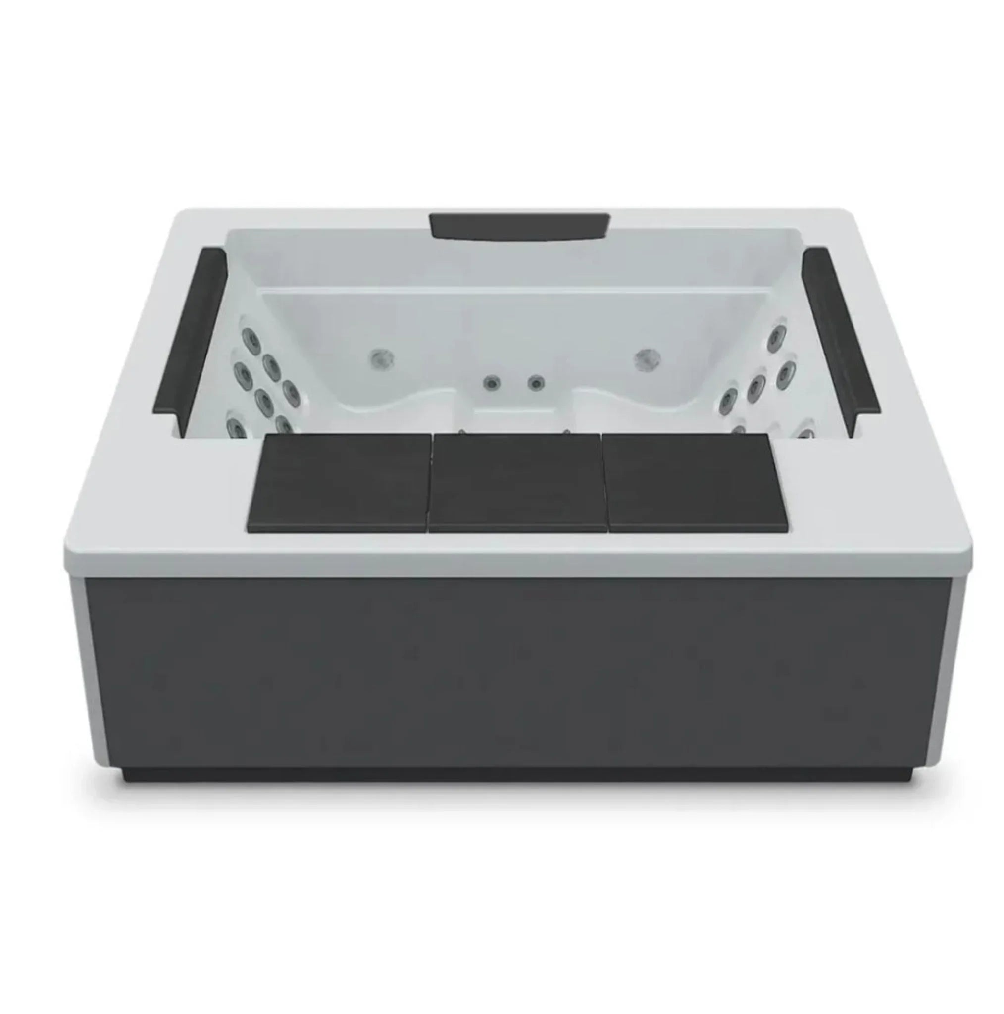 Moderner Outdoor Whirlpool rechteckig, schwarz-weiß, für Garten oder Terrasse, luxuriöses Spa-Design