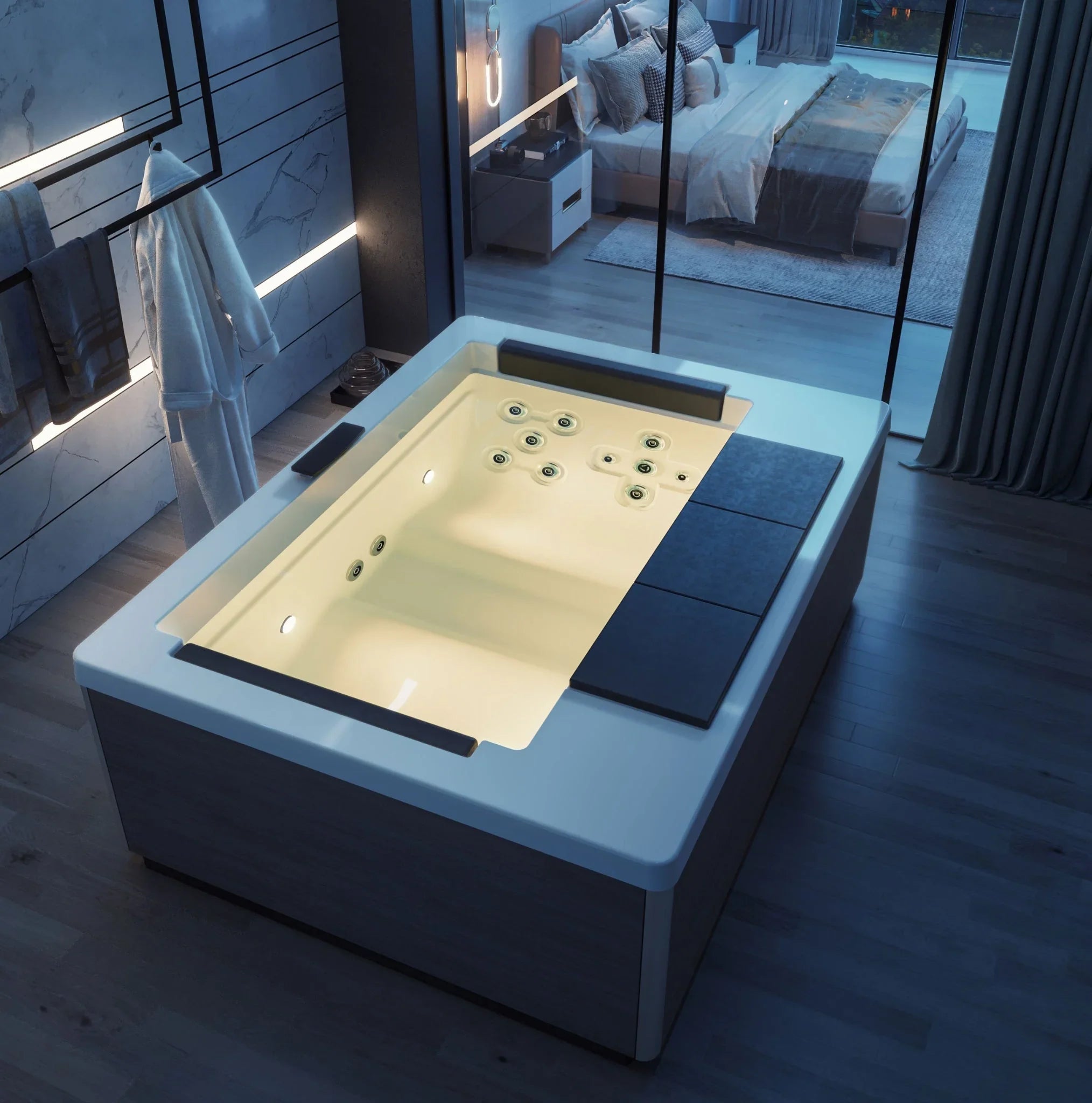 Luxuriöser Whirlpool im modernen Hotelzimmer mit stilvollem Wellness-Design und eleganter Beleuchtung