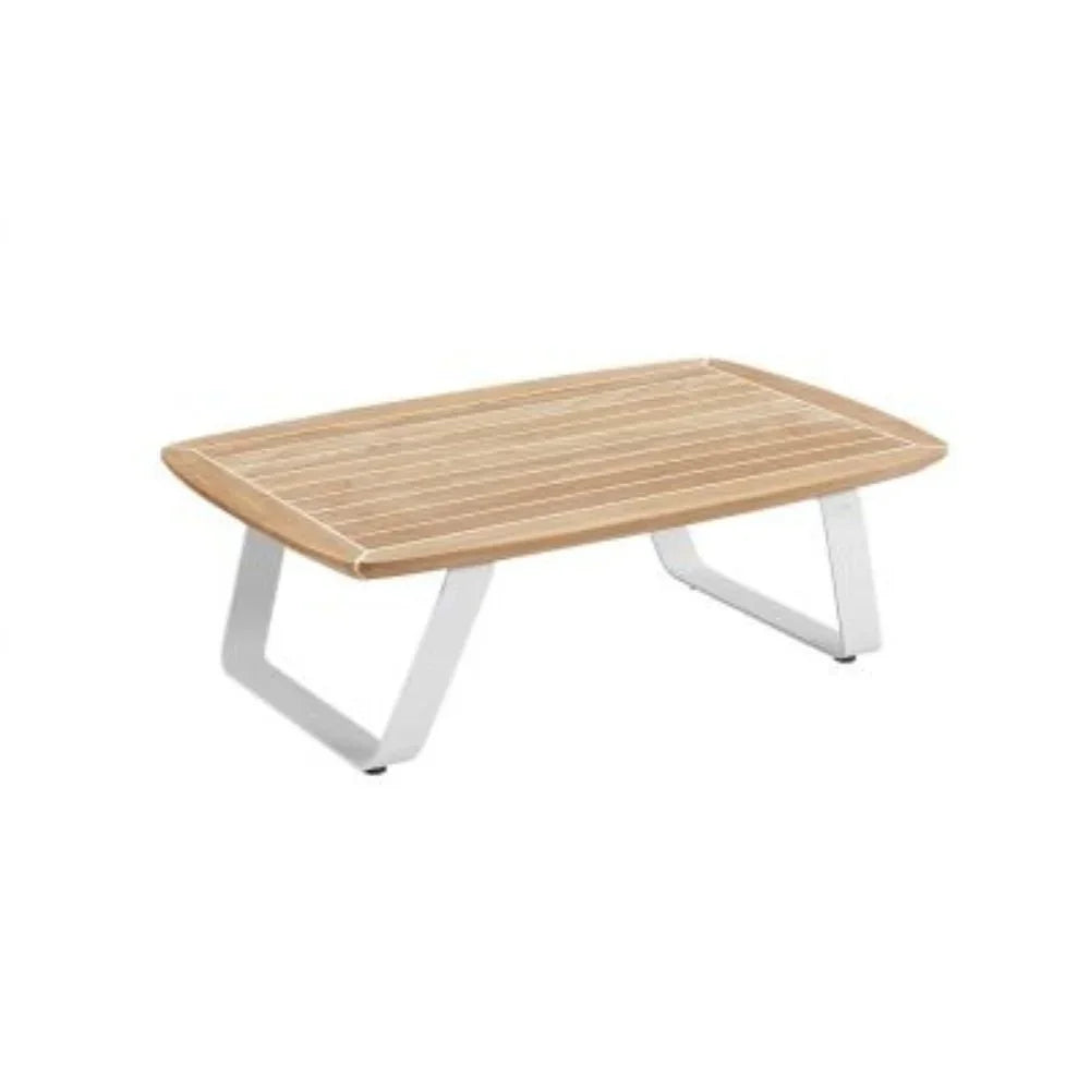 Moderner Garten-Beistelltisch mit Teakholzplatte und weißen Aluminiumbeinen, Outdoor-Design